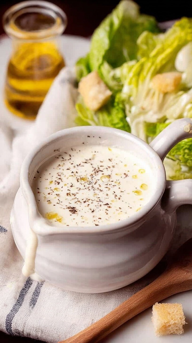 A bowl of creamy Greek yogurt Caesar dressing with a whisk and fresh lemon