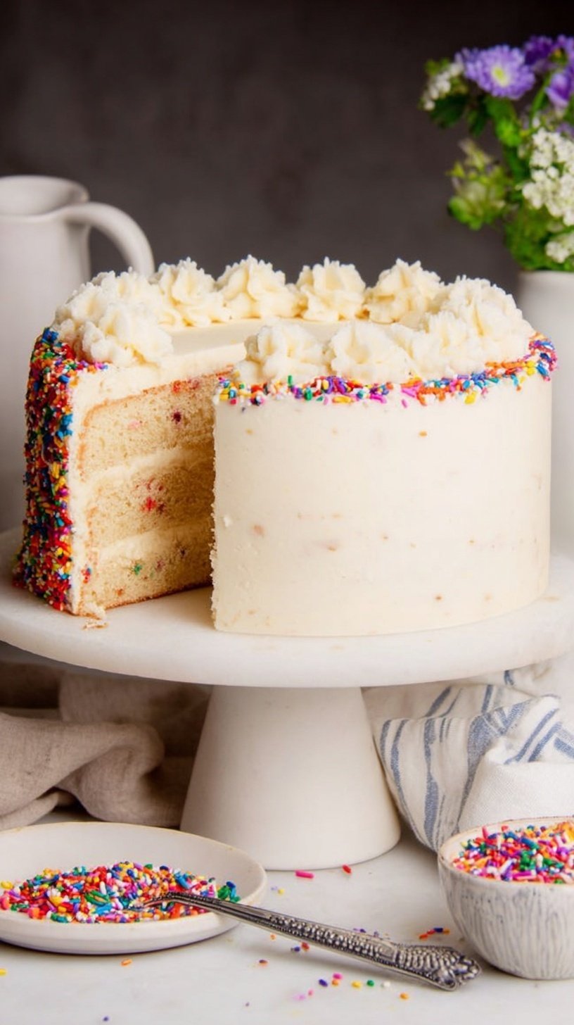 A double-layer healthy vanilla birthday cake topped with white whipped coconut cream frosting on a wooden cake stand.