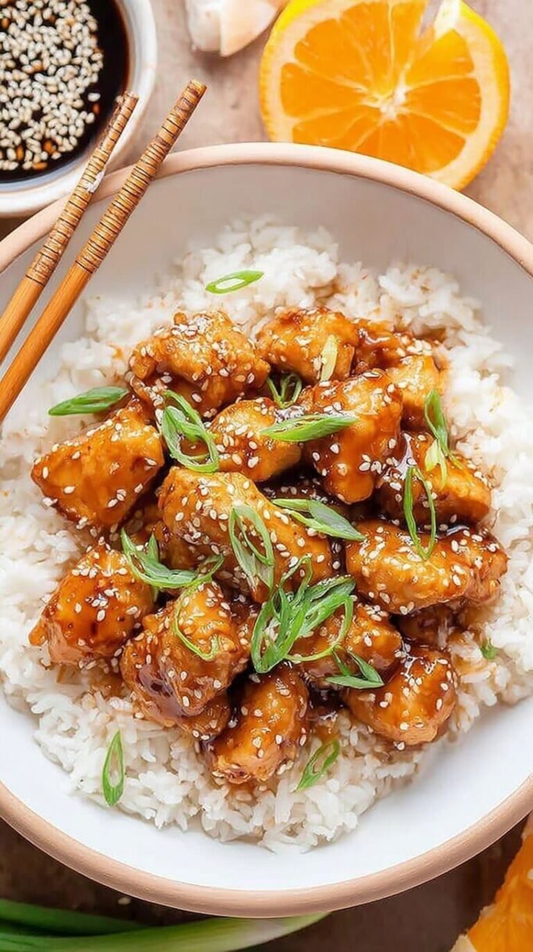 Glazed pieces of Air Fryer Teriyaki Chicken topped with sesame seeds and green onions