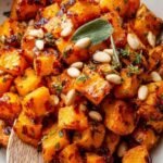 Golden brown roasted butternut squash cubes in an air fryer basket