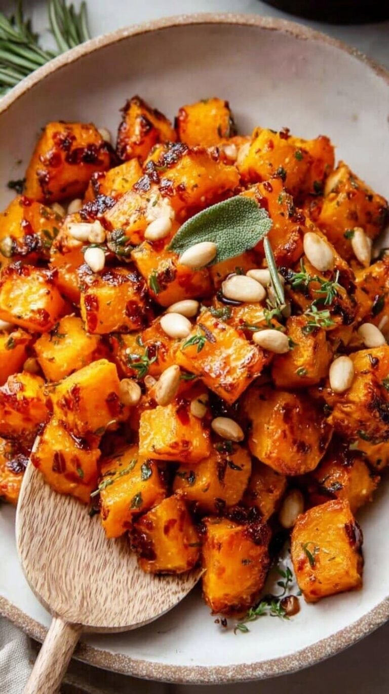 Golden brown roasted butternut squash cubes in an air fryer basket