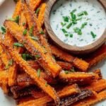 A pile of golden-brown crispy air fryer carrot fries on a white plate with a side of dipping sauce.