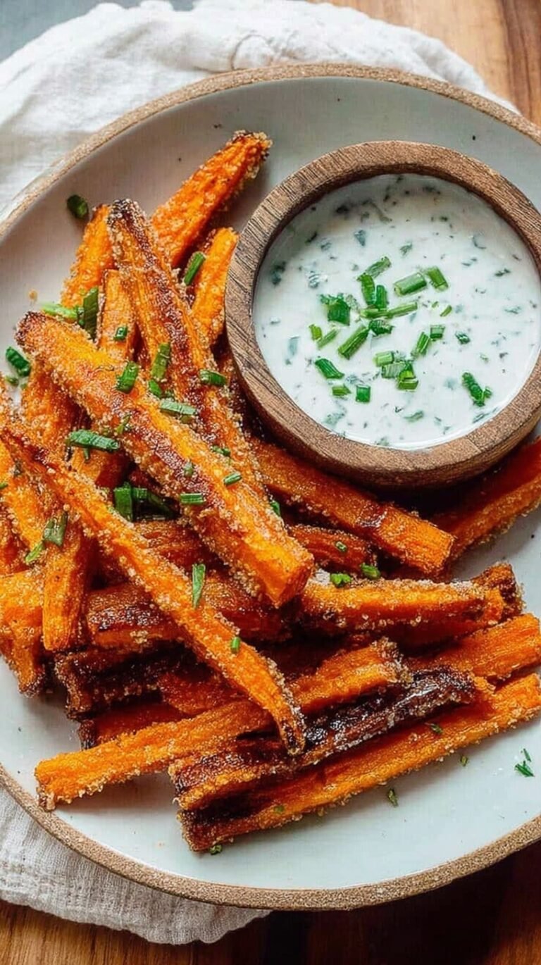 A pile of golden-brown crispy air fryer carrot fries on a white plate with a side of dipping sauce.
