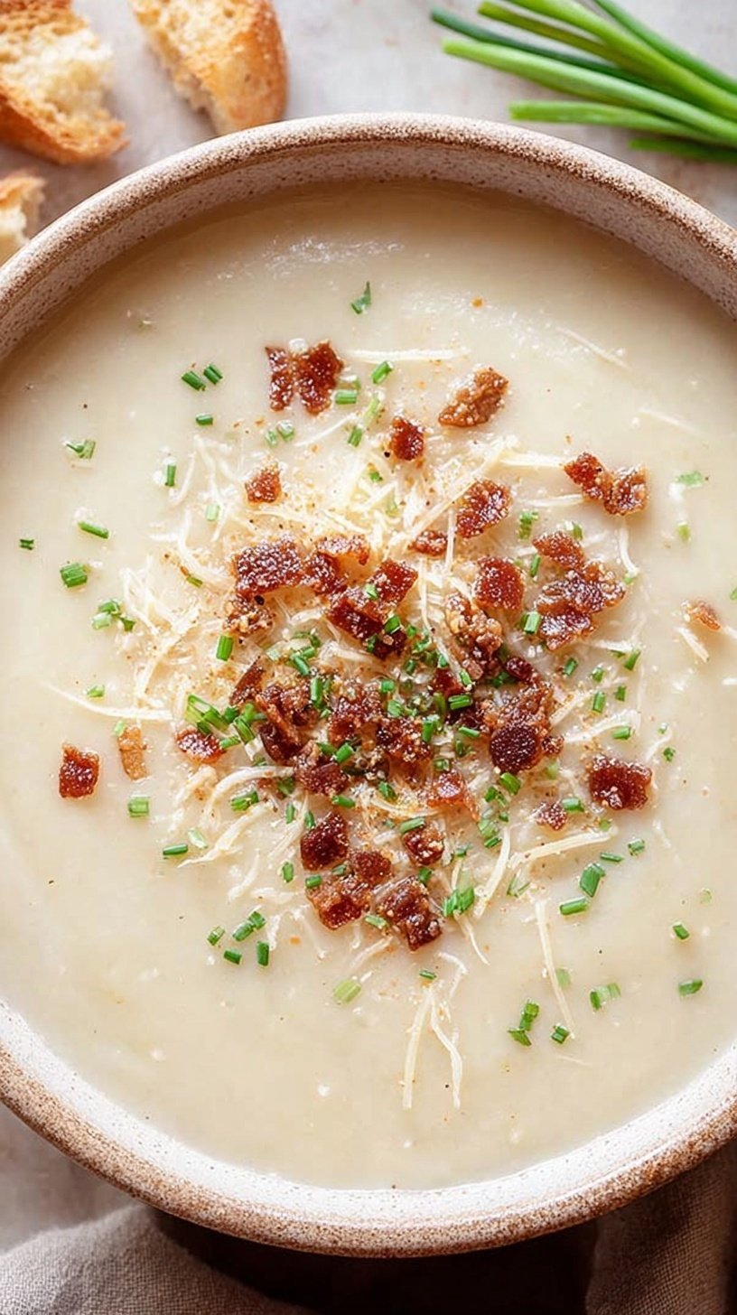 A bowl of smooth, creamy cauliflower leek soup topped with fresh thyme and black pepper.