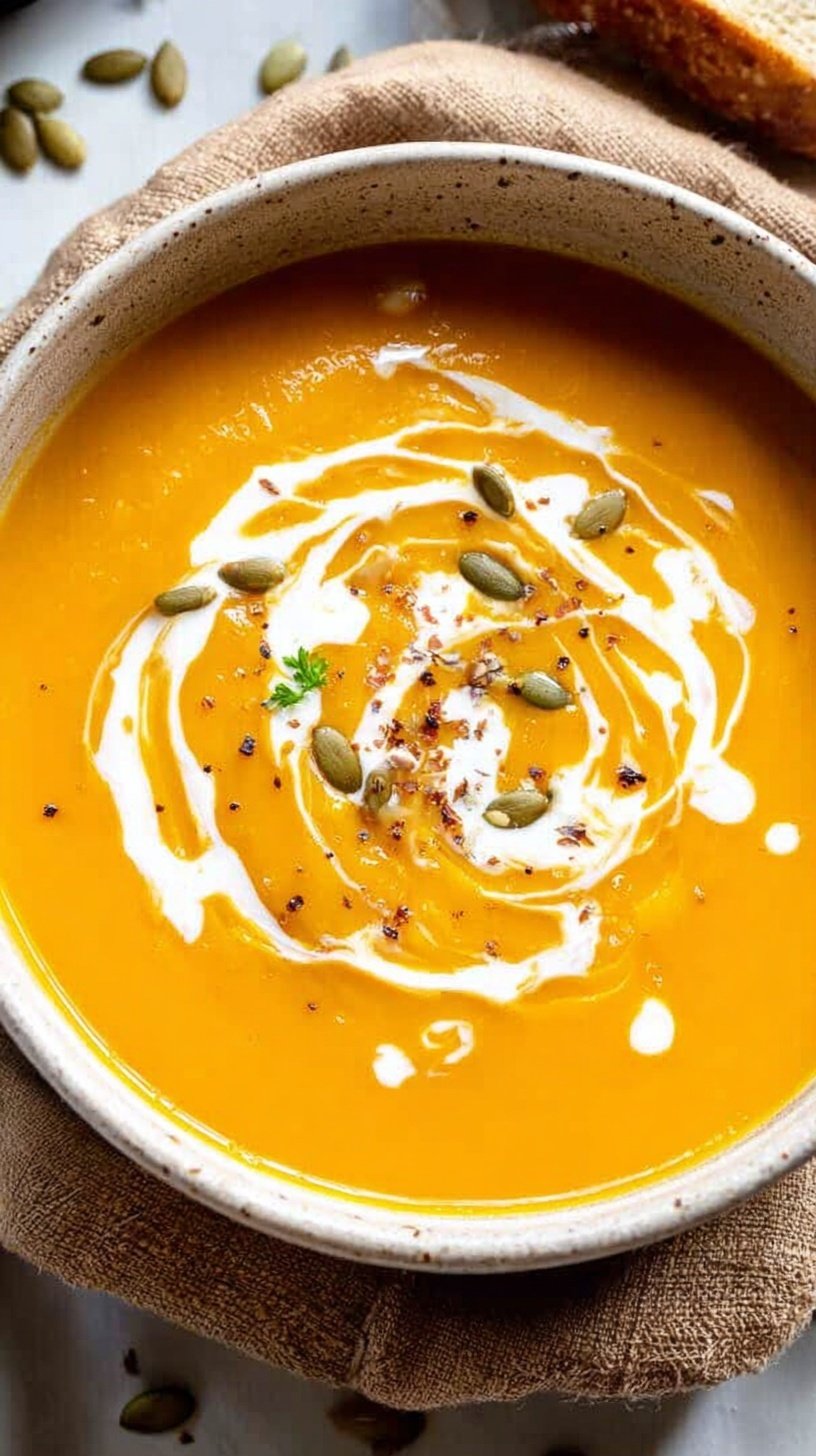 A bowl of smooth orange carrot and butternut squash soup with ginger