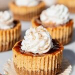 Mini pumpkin cheesecake bites with a graham cracker crust on a white plate