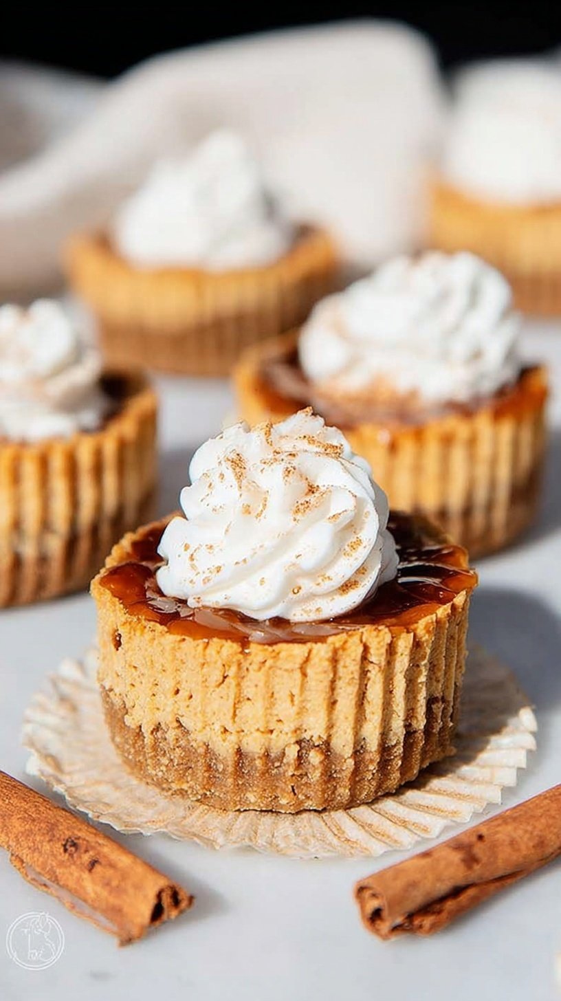 Mini pumpkin cheesecake bites with a graham cracker crust on a white plate