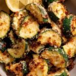 Golden brown crispy air fryer zucchini rounds coated in parmesan and panko breadcrumbs