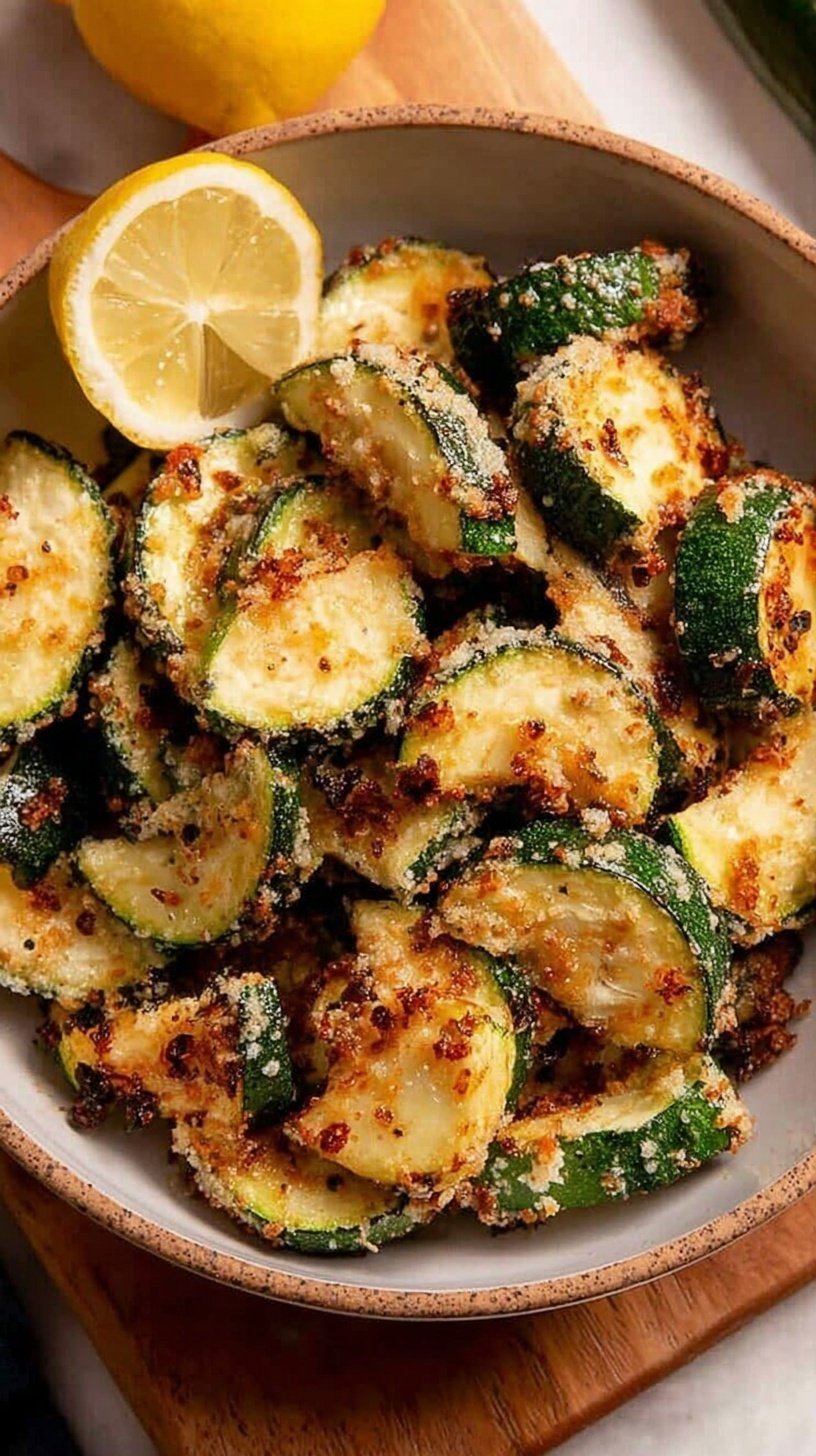 Golden brown crispy air fryer zucchini rounds coated in parmesan and panko breadcrumbs