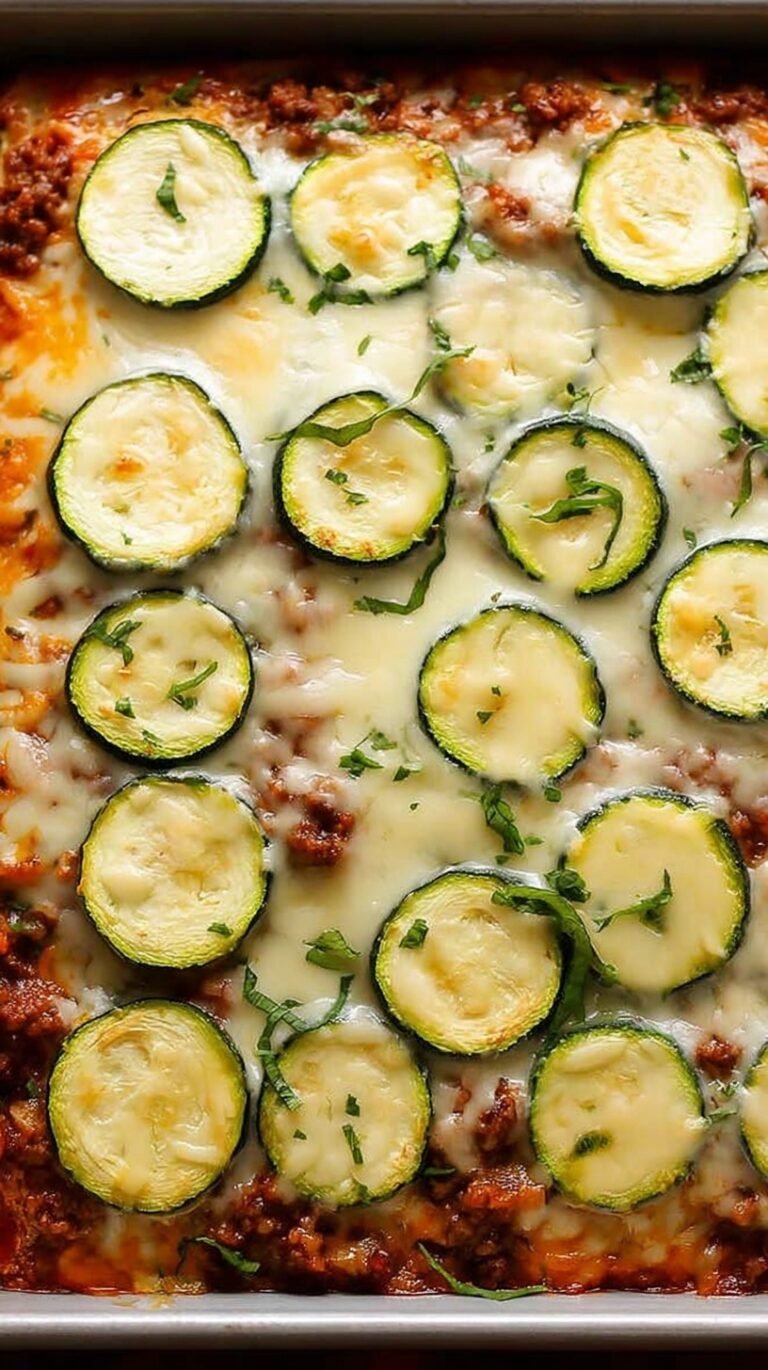 A bubbling 9x13 baking dish filled with layers of sliced zucchini, savory ground beef, and melted golden mozzarella cheese.