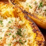 Golden strands of air fried spaghetti squash in a bowl with herbs