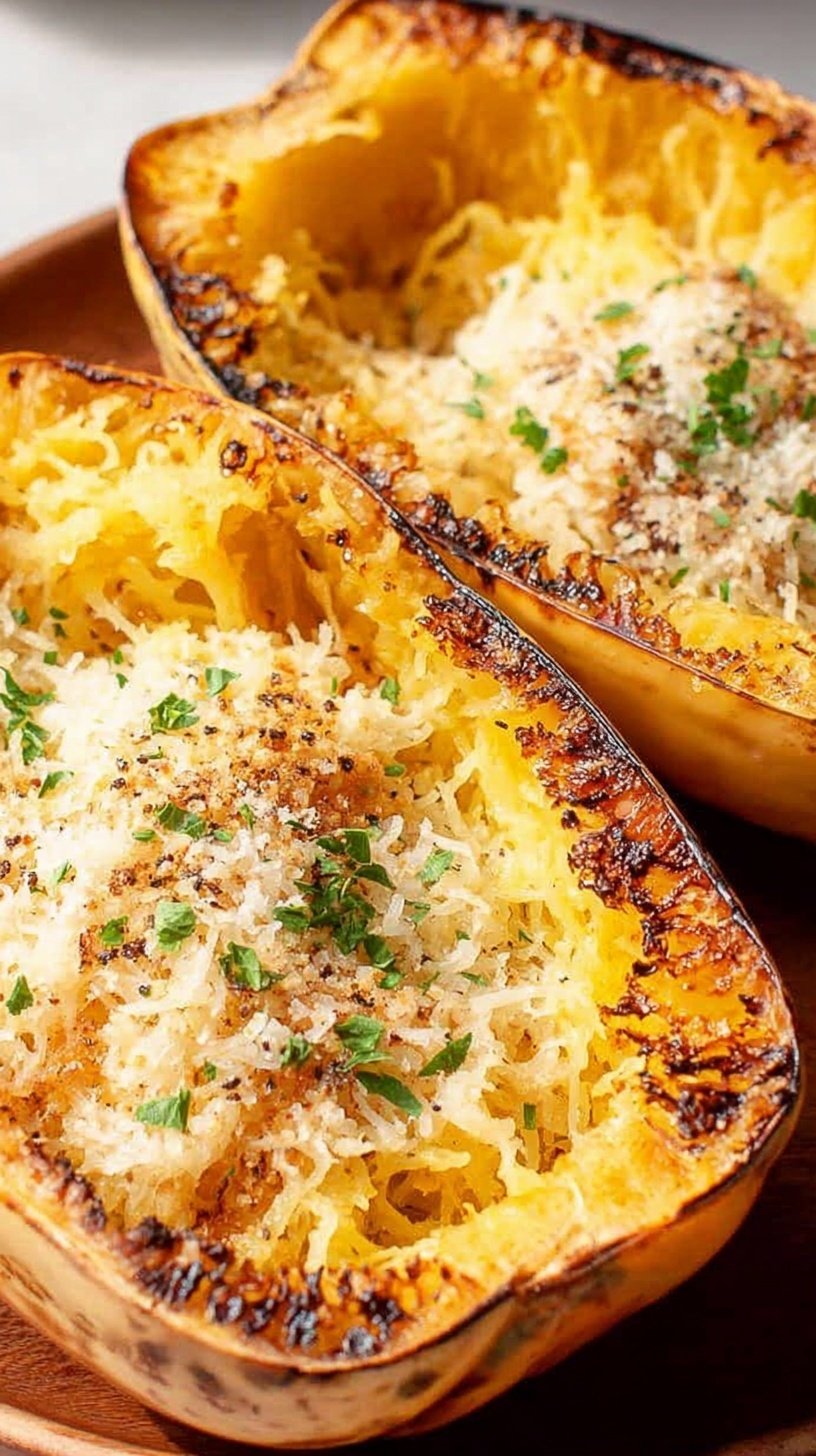 Golden strands of air fried spaghetti squash in a bowl with herbs