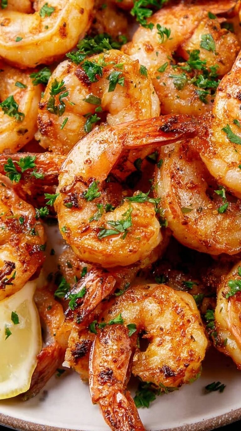 Golden-brown seasoned shrimp served on a platter with fresh lemon wedges