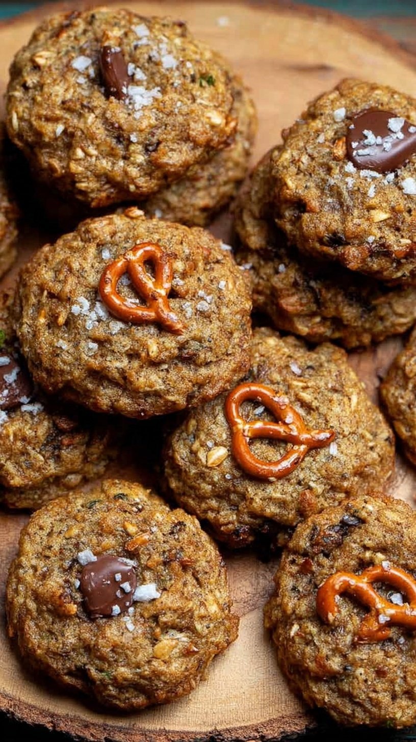 A stack of healthy cowboy cookies with visible oats, chocolate chips, and crushed pretzels on a cooling rack.