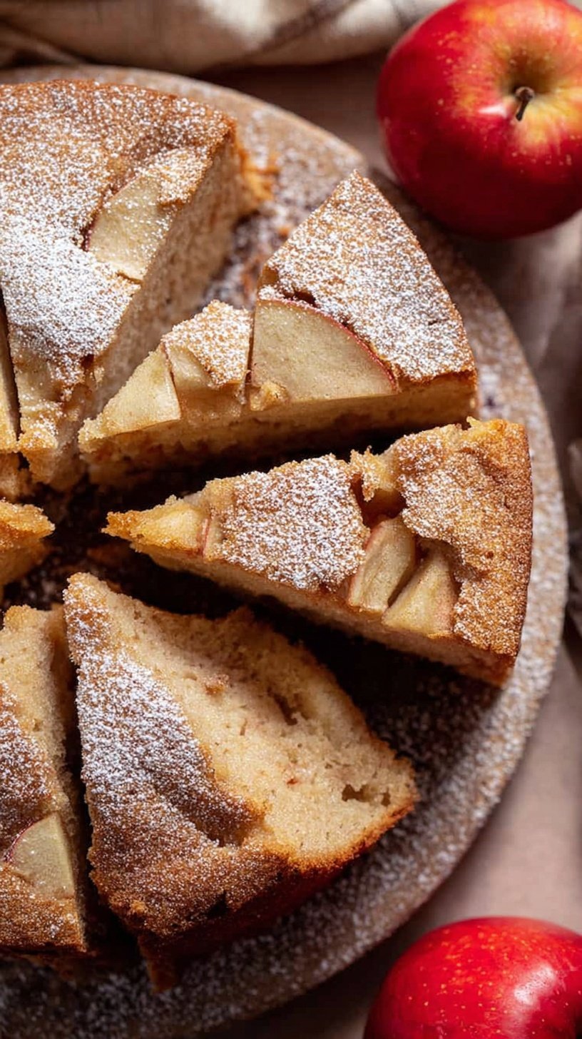 A golden brown gluten-free apple cake in a bundt shape topped with fresh apple chunks.