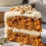 A double-layer Pumpkin Carrot Cake topped with thick white cream cheese frosting on a wooden cake stand.