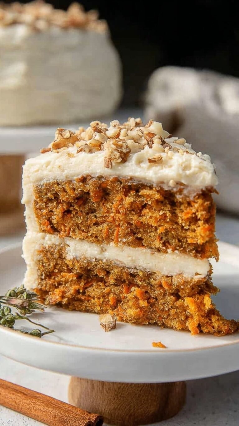 A double-layer Pumpkin Carrot Cake topped with thick white cream cheese frosting on a wooden cake stand.
