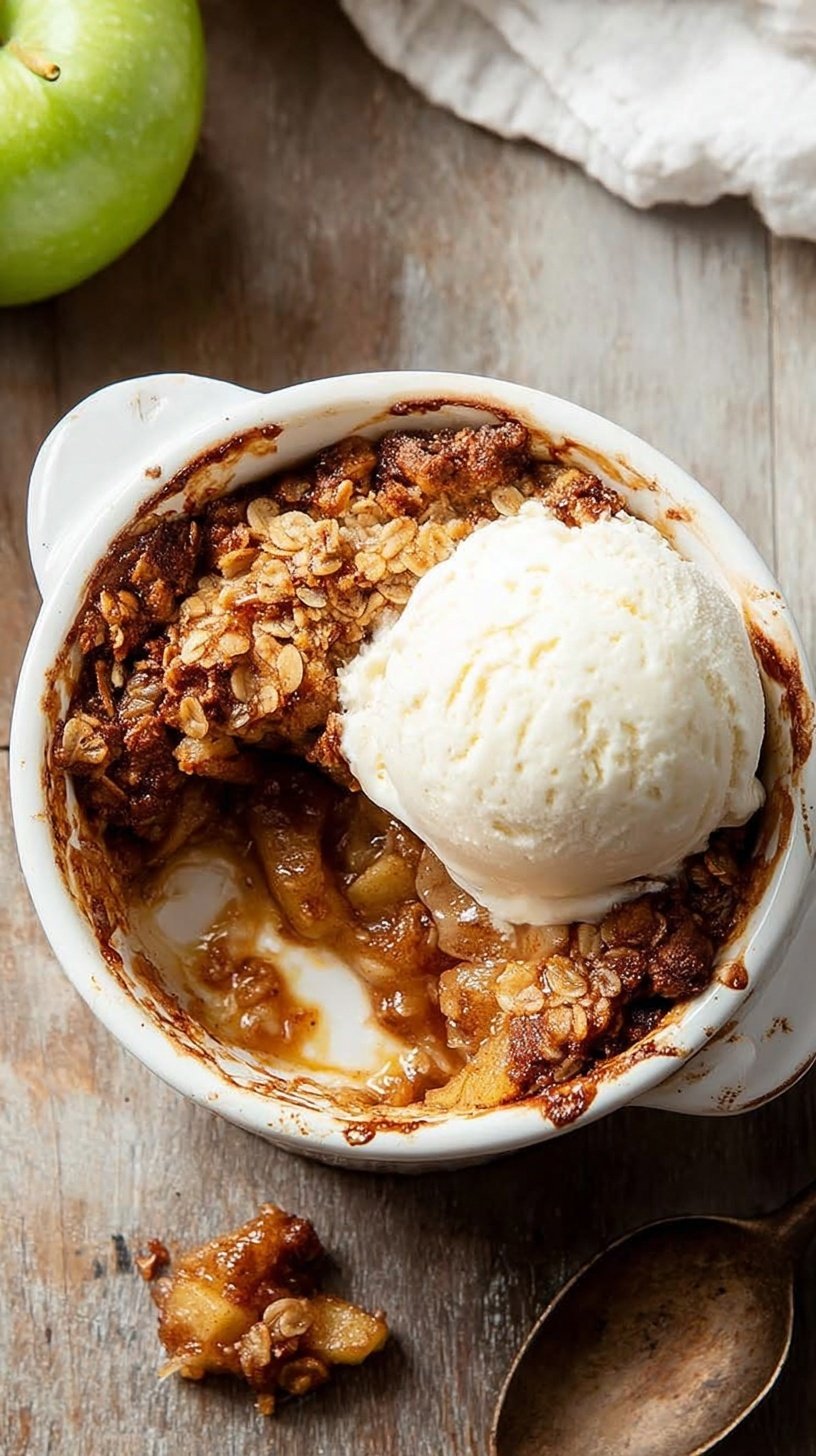 A single-serve ramekin of golden brown apple crisp with a buttery oat topping