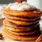 A stack of golden brown pumpkin protein pancakes topped with a drizzle of syrup and a dash of spice.