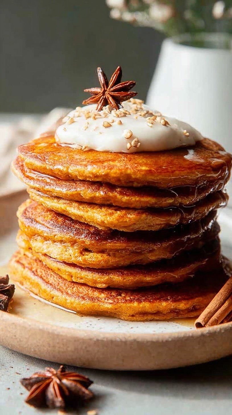 A stack of golden brown pumpkin protein pancakes topped with a drizzle of syrup and a dash of spice.