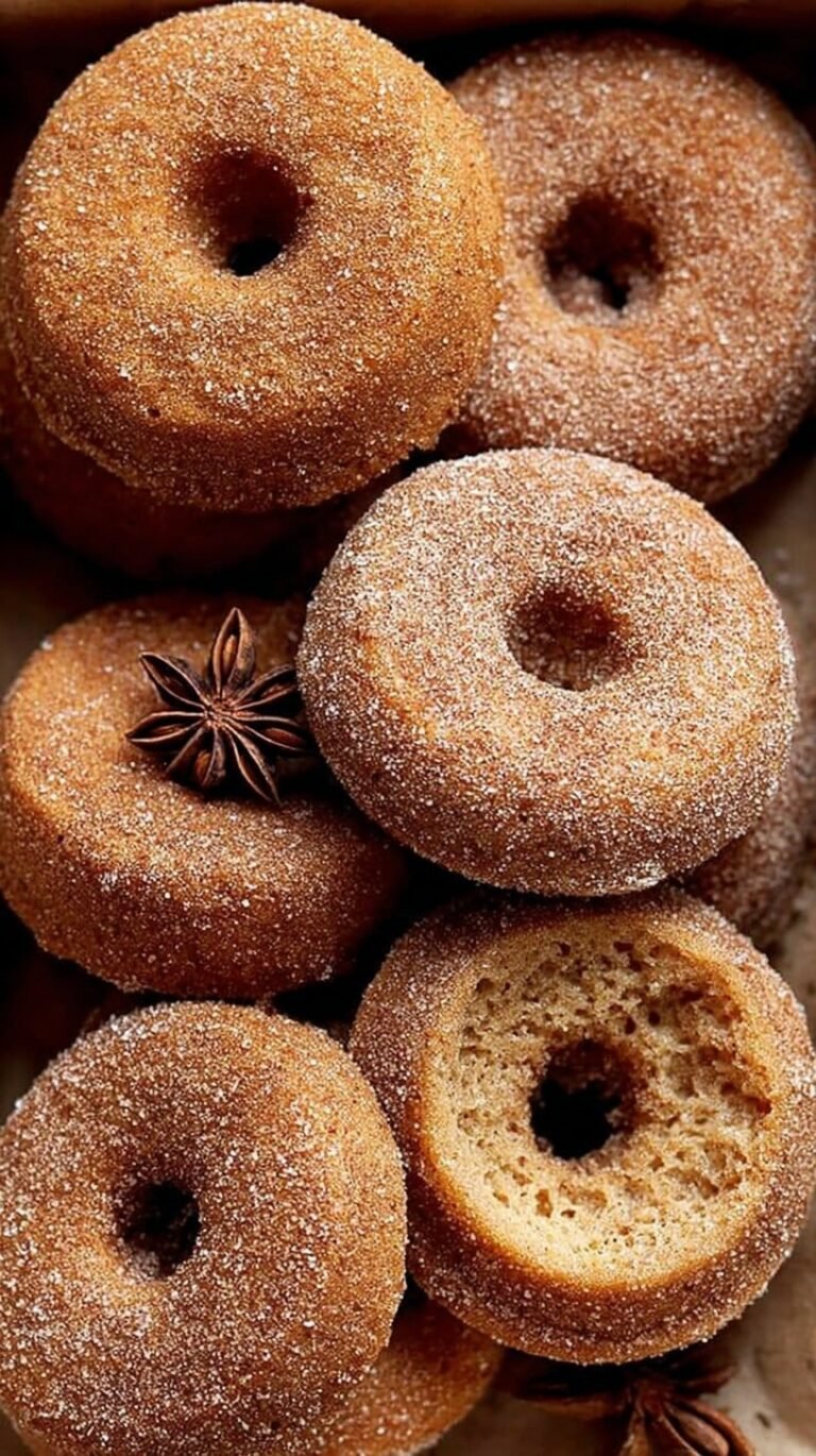 A plate of golden-brown gluten-free apple cider donuts coated in cinnamon sugar