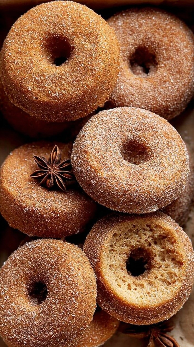 A plate of golden-brown gluten-free apple cider donuts coated in cinnamon sugar