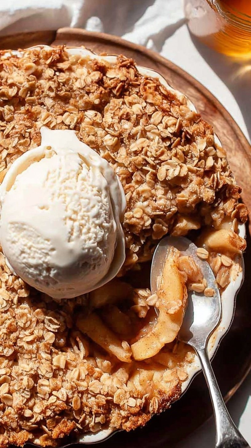 Warm healthy apple crisp in a baking dish with golden oat topping and tender apples.