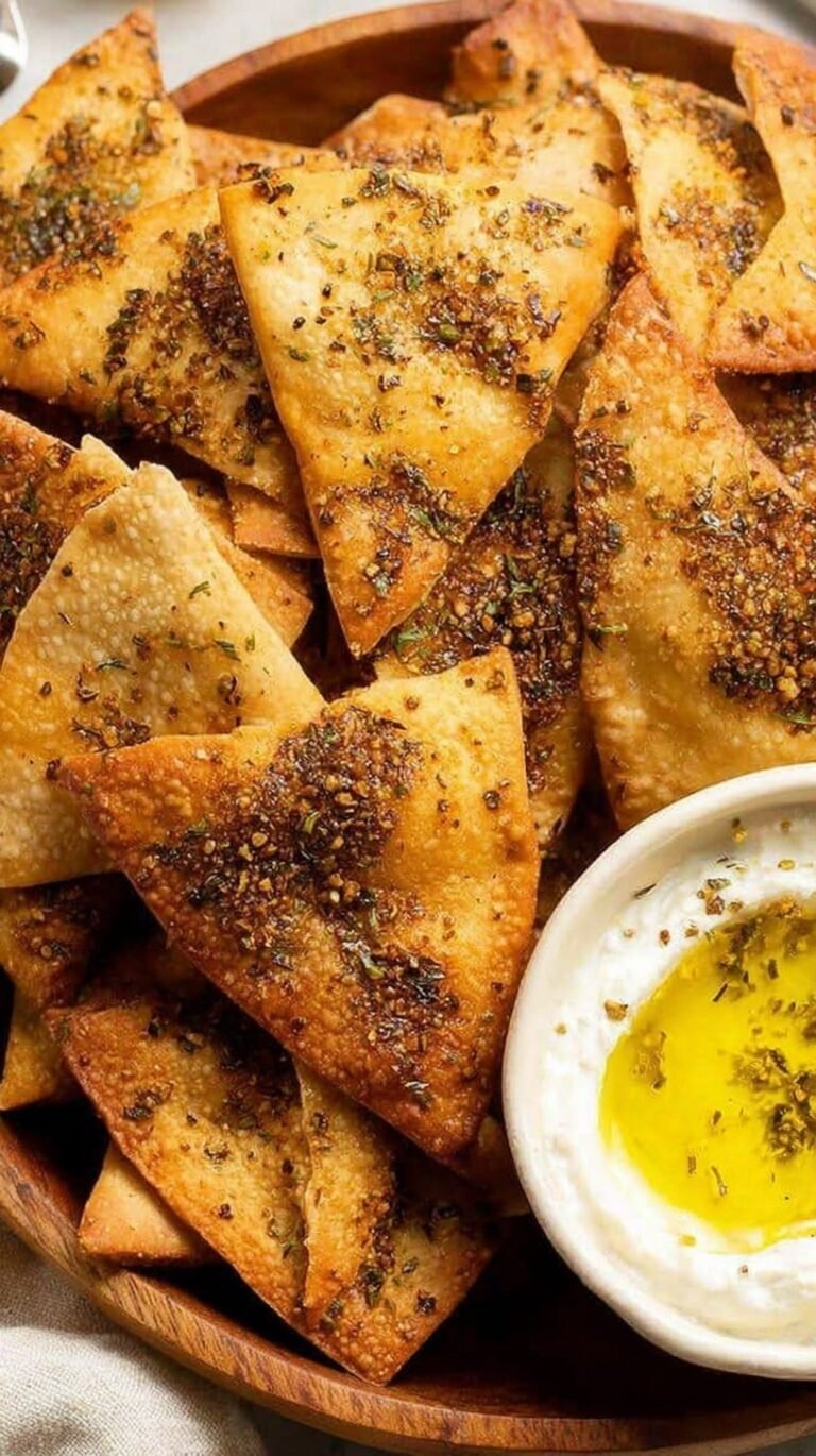 A bowl of golden brown, seasoned pita chips made in an air fryer with a side of hummus.