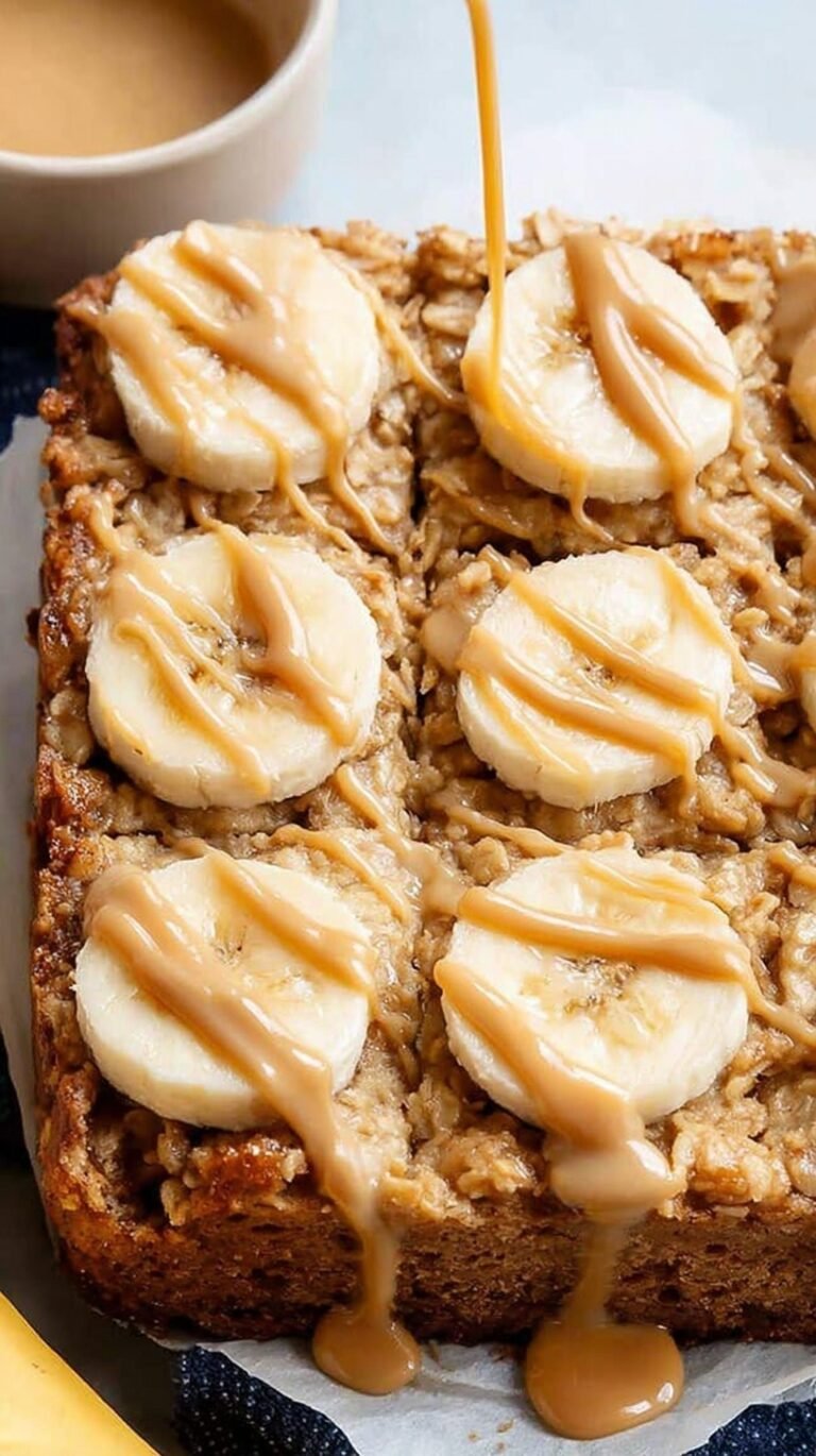A square of golden brown baked oatmeal with peanut butter and banana on a white plate