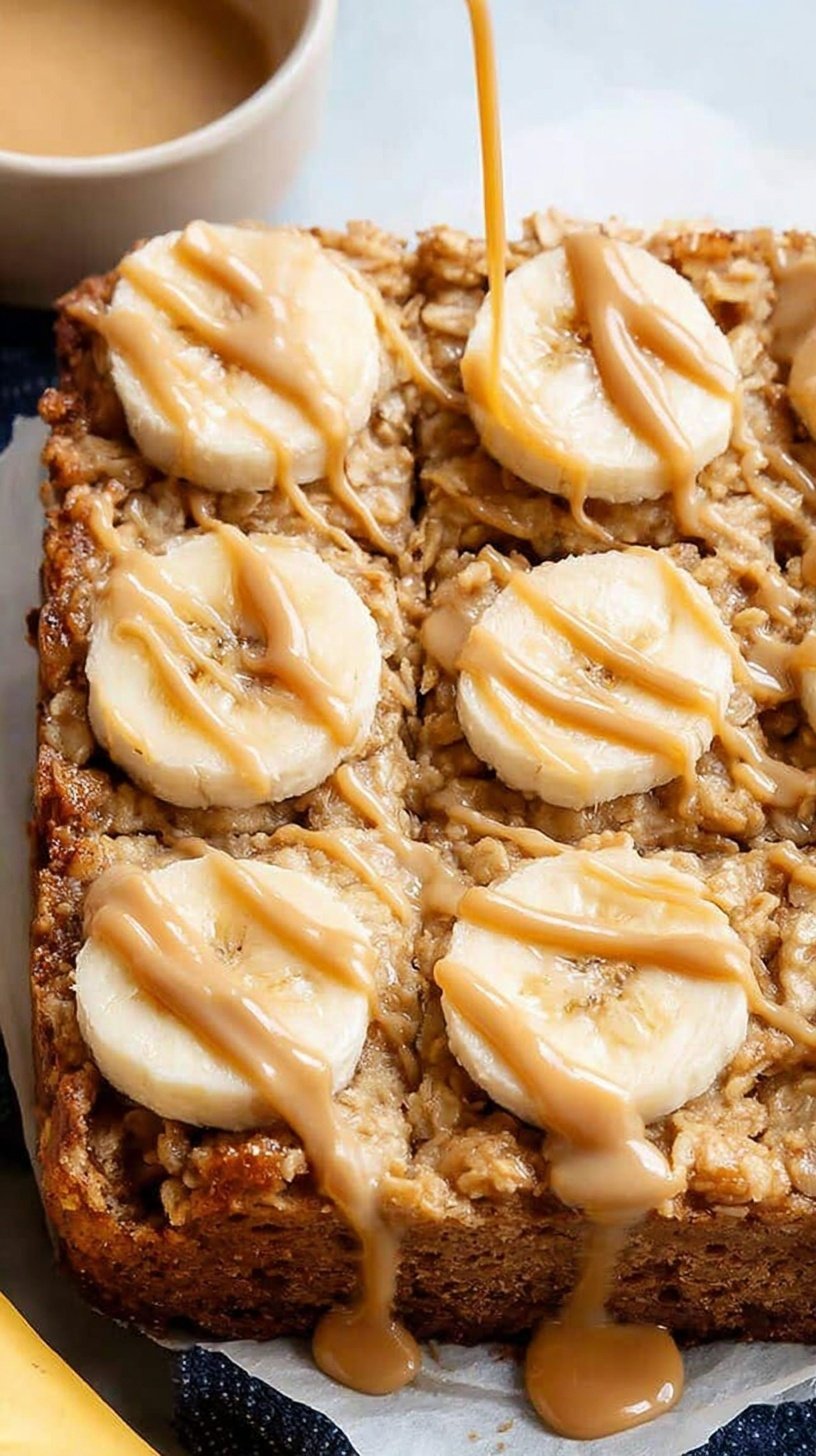 A square of golden brown baked oatmeal with peanut butter and banana on a white plate