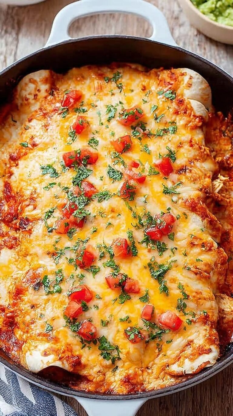 A baking dish filled with cheesy healthy chicken enchiladas topped with fresh cilantro