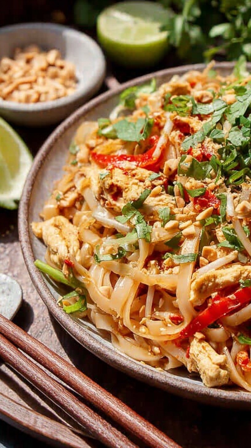 A steaming bowl of Healthy Chicken Pad Thai topped with peanuts, cilantro, and fresh lime wedges.