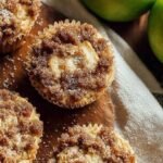 Golden whole wheat muffins topped with a crunchy oat crumble and filled with fresh diced apples on a wire cooling rack.
