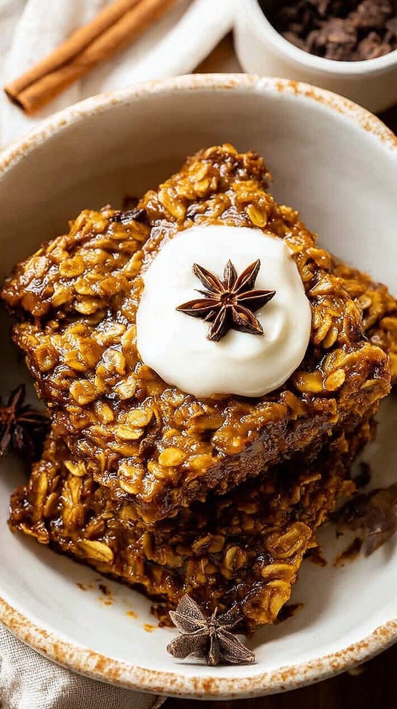 A golden brown dish of pumpkin baked oatmeal topped with pecans and a drizzle of syrup