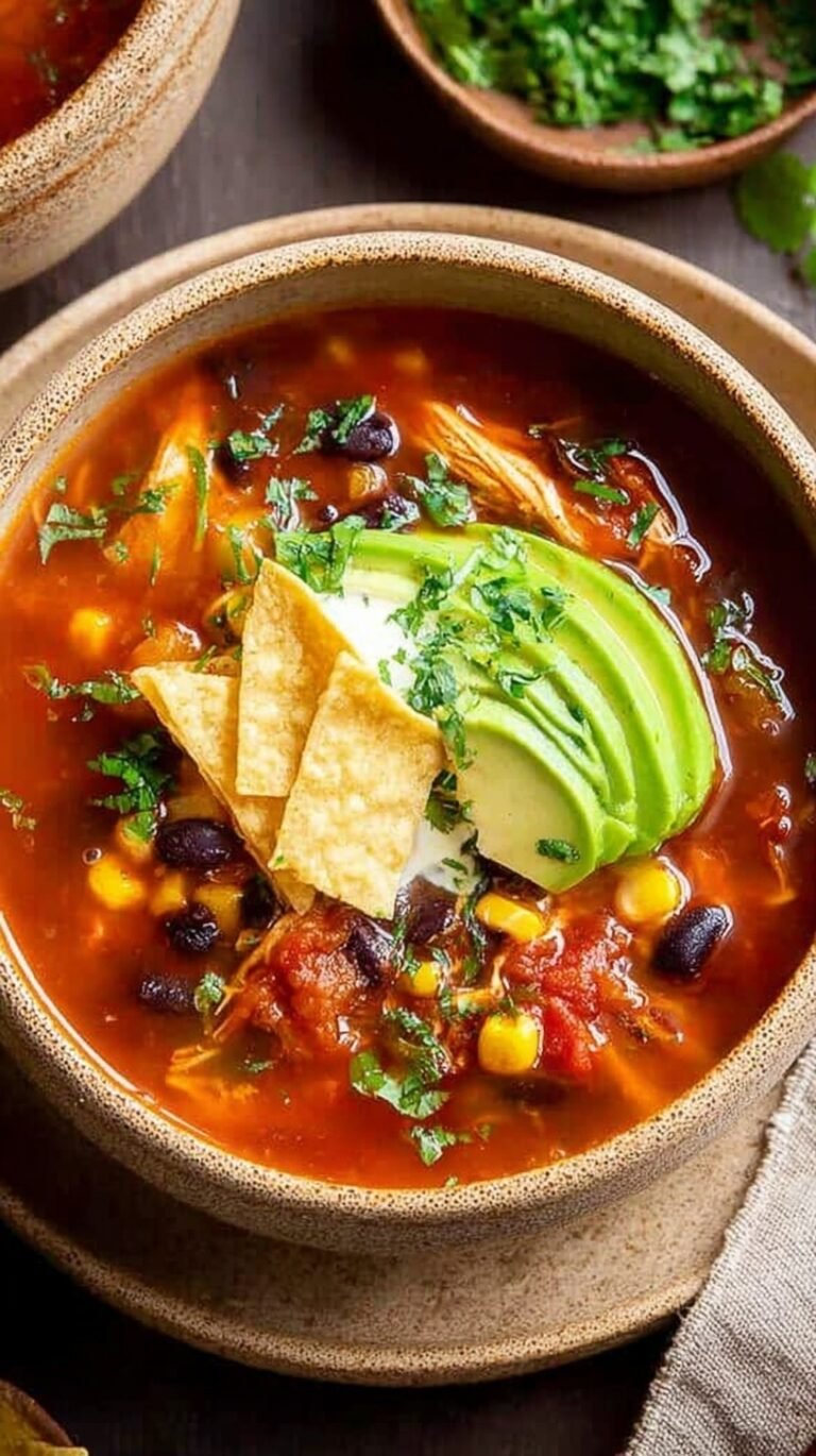 A bowl of steaming chicken tortilla soup topped with fresh cilantro and lime