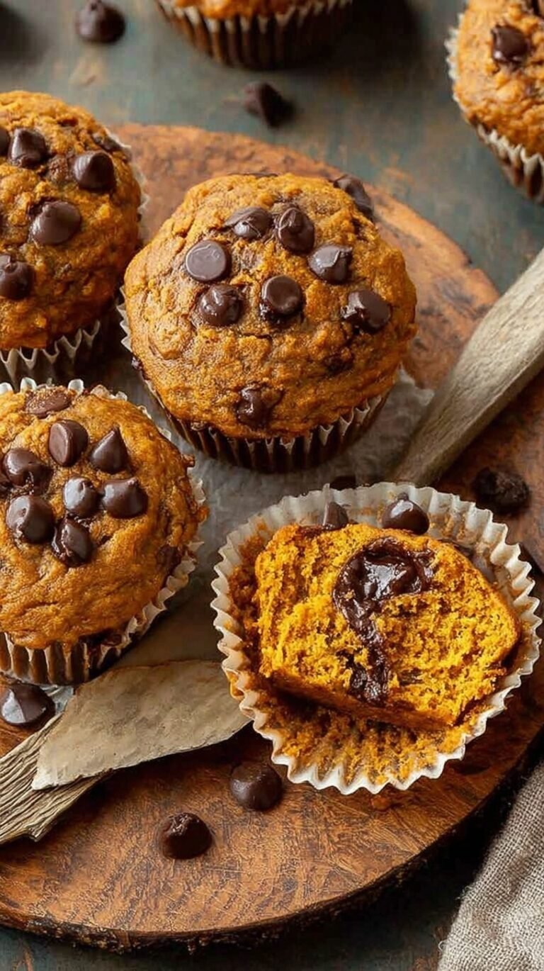 A batch of golden pumpkin protein muffins with dark chocolate chips on a wire rack.