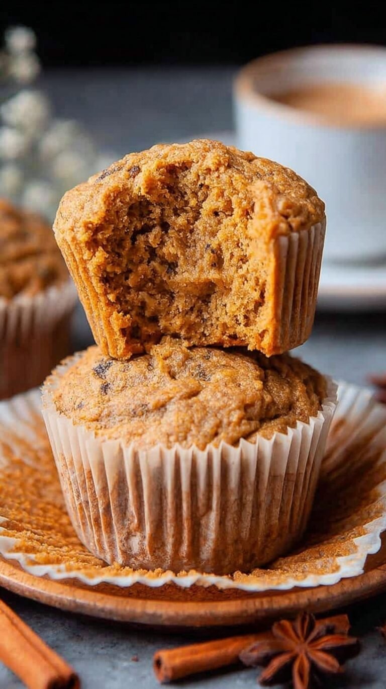 A stack of golden brown healthy banana pumpkin muffins on a wire cooling rack.