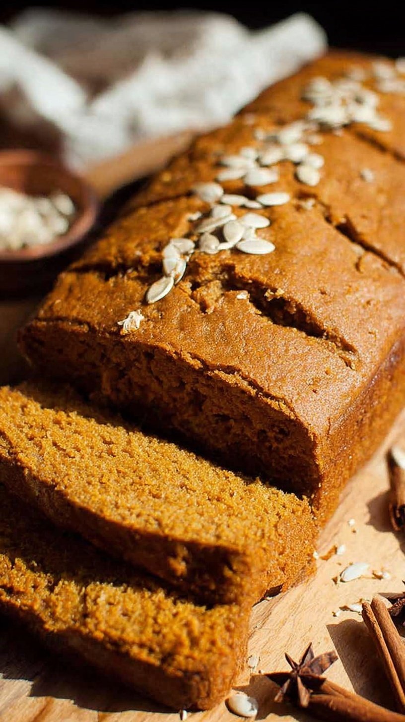 A golden loaf of healthy pumpkin bread on a wire cooling rack.