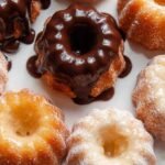 Three different flavors of mini bundt cakes including chocolate, vanilla, and lemon on a serving platter