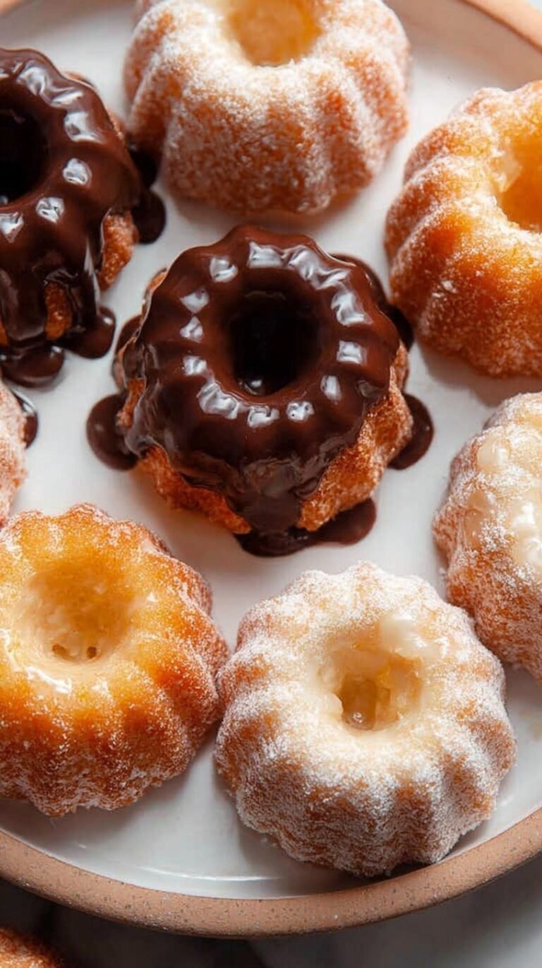 Three different flavors of mini bundt cakes including chocolate, vanilla, and lemon on a serving platter