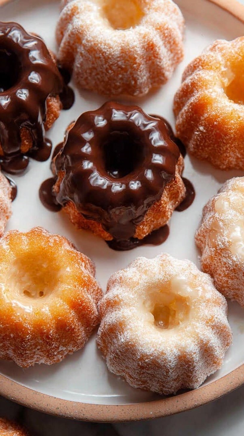 Three different flavors of mini bundt cakes including chocolate, vanilla, and lemon on a serving platter