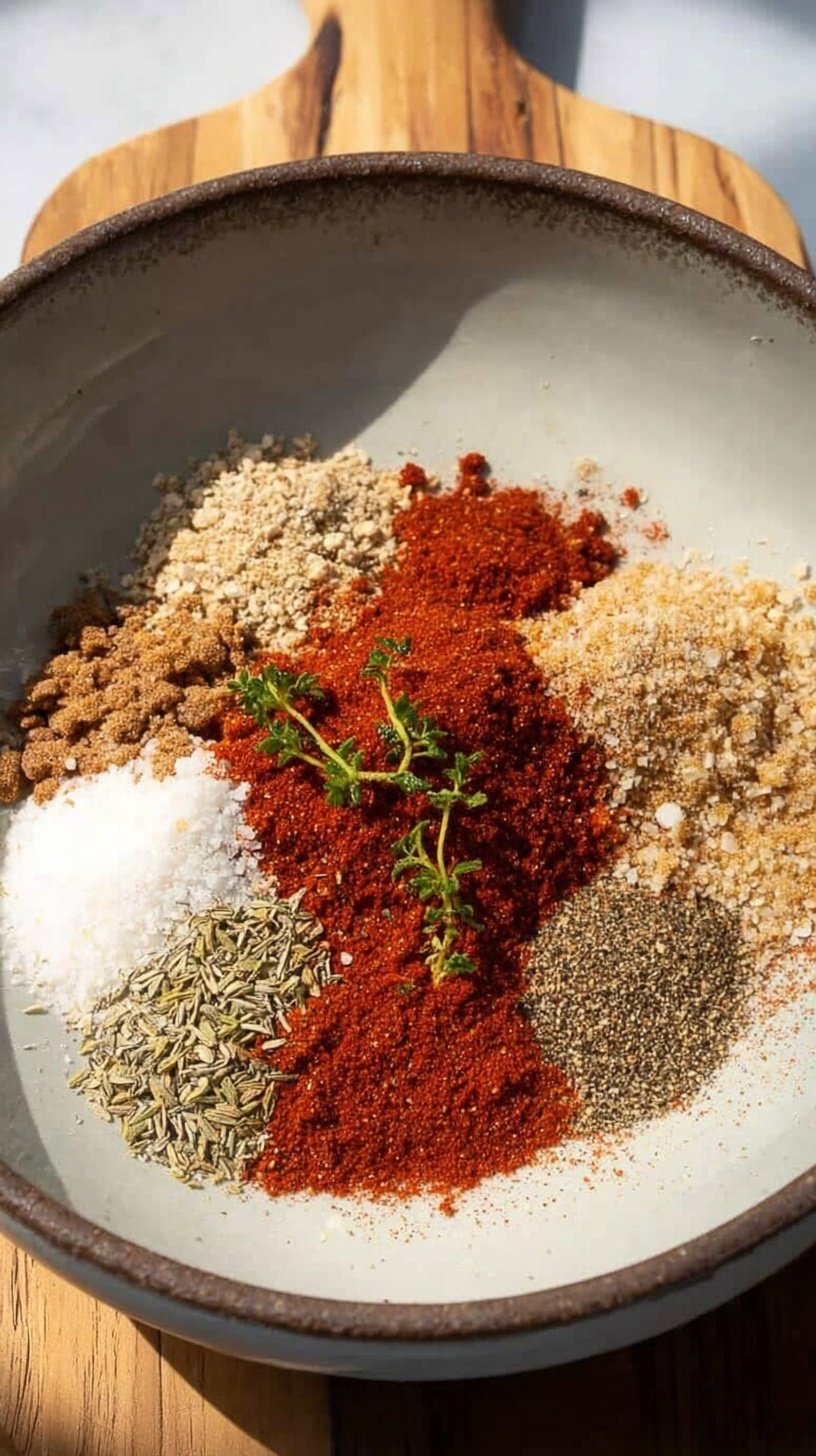 A small glass bowl filled with a colorful blend of ground turkey seasoning spices next to a skillet of browned meat.