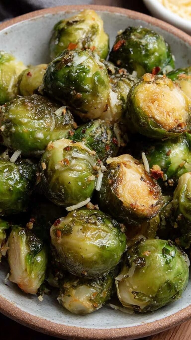 Crispy roasted frozen Brussels sprouts in an air fryer basket with golden edges