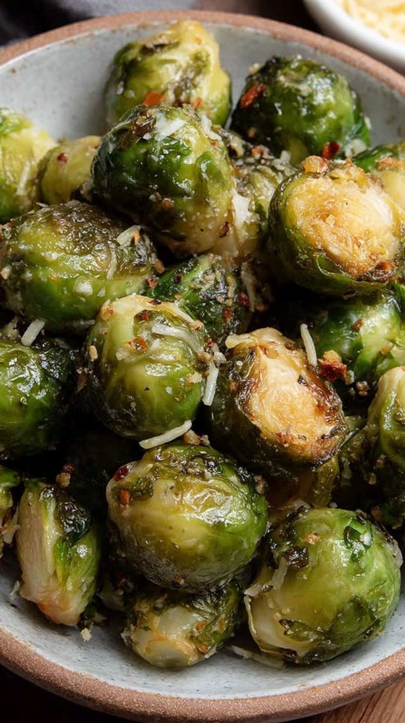 Crispy roasted frozen Brussels sprouts in an air fryer basket with golden edges