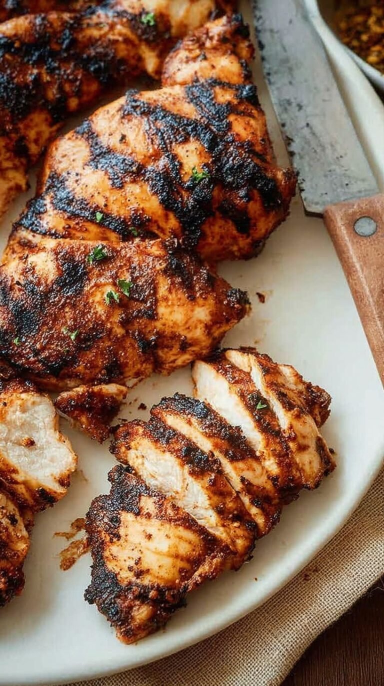 Golden brown grilled boneless chicken thighs with charred grill marks on a white platter