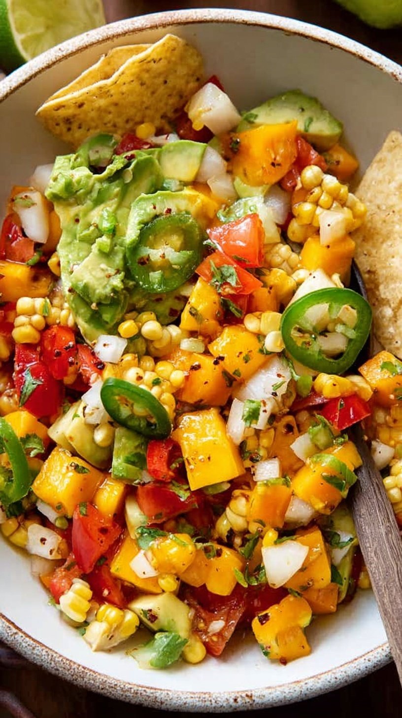 A colorful bowl of Corn Mango Avocado Salsa with chips