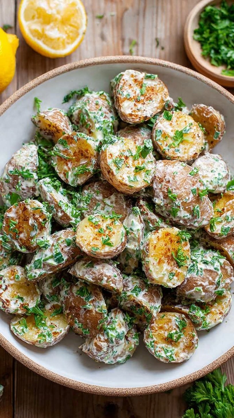A bowl of crispy roasted potato salad topped with fresh green chives and parsley