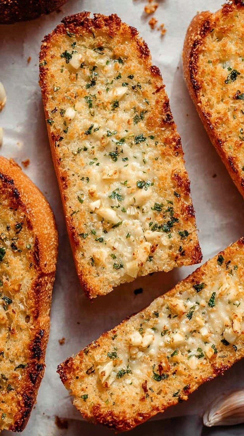 Golden brown slices of air fryer garlic bread topped with melted butter and parmesan cheese.