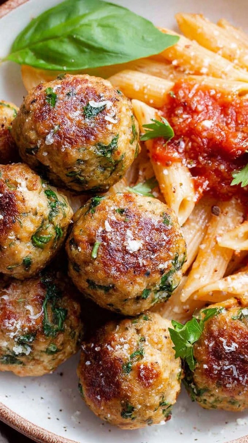 Golden brown air fryer chicken meatballs garnished with fresh parsley on a white plate