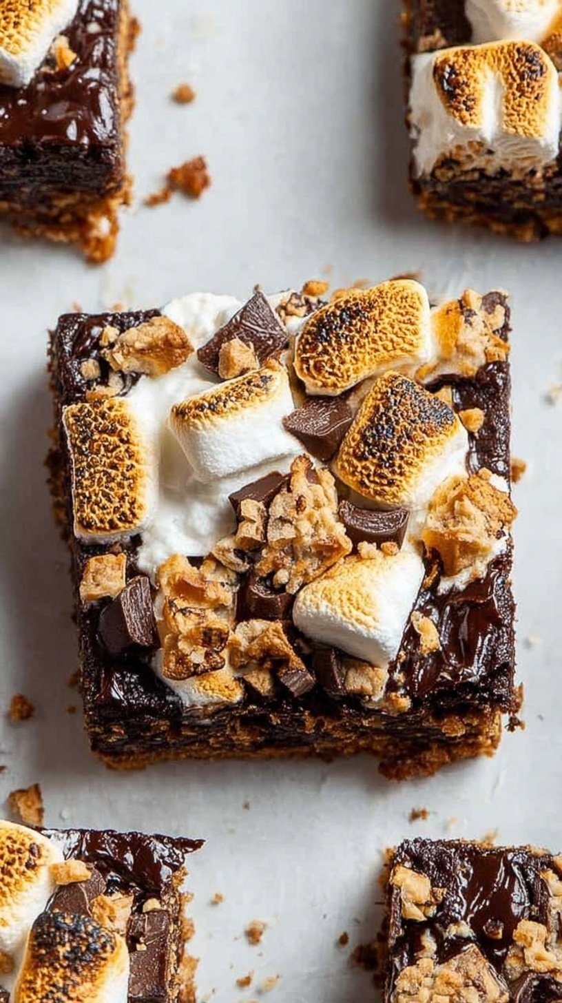 A stack of healthy s'mores brownies topped with toasted marshmallows and dark chocolate chips on a parchment-lined tray.